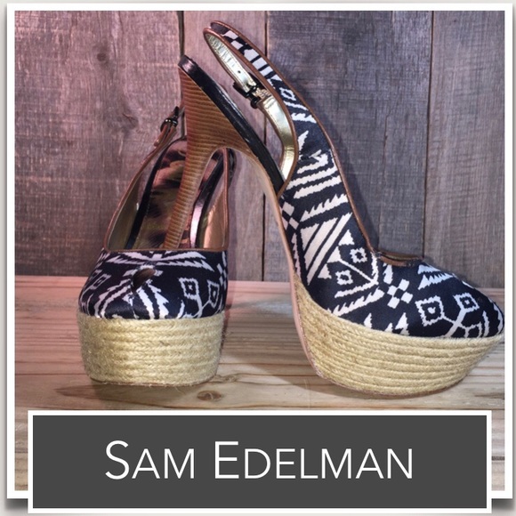 Sam Edelman Shoes - Sam Edelman Novato Peep Toe Leather Slingbacks Black-White Silk in Aztec Pattern
